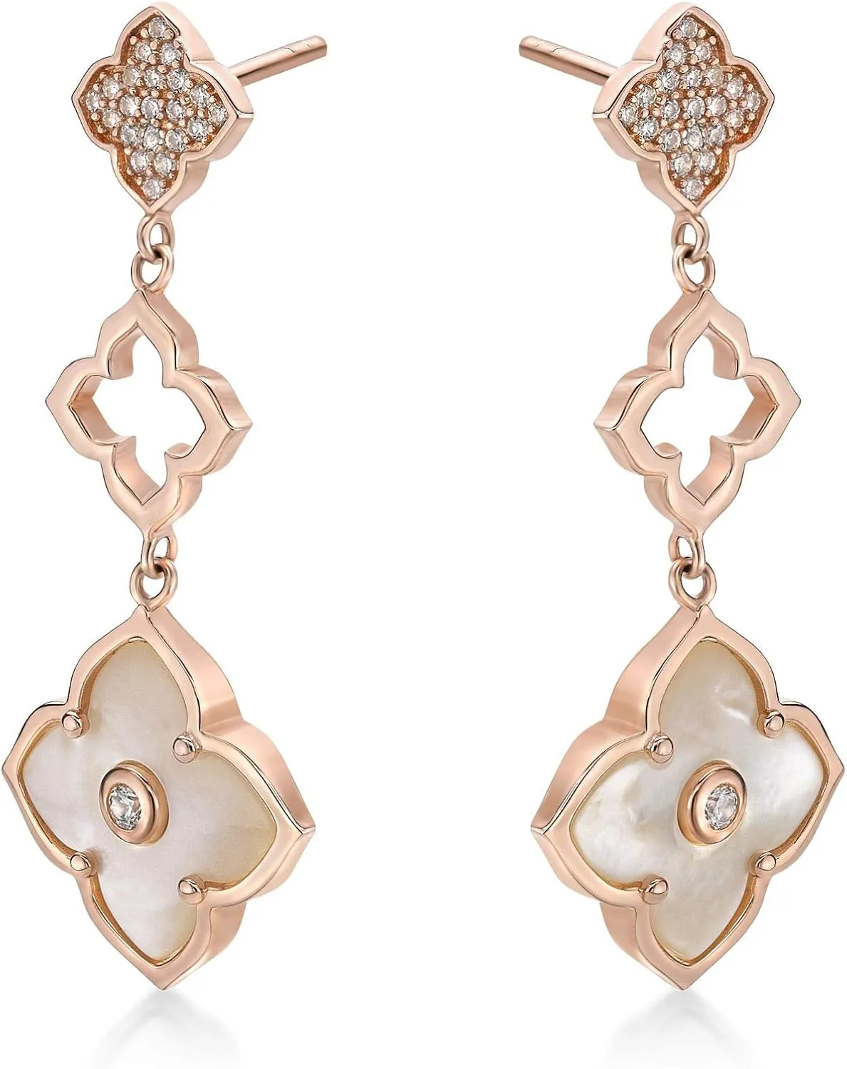 Mother of Pearl, Onyx, Malachite, Lapis Lazuli and Cubic Zirconia Three Flower Drop Dangle Earrings for Women I Gold Plated 925 Sterling Silver Earrings for Her I Push Back by Lavari Jewelers