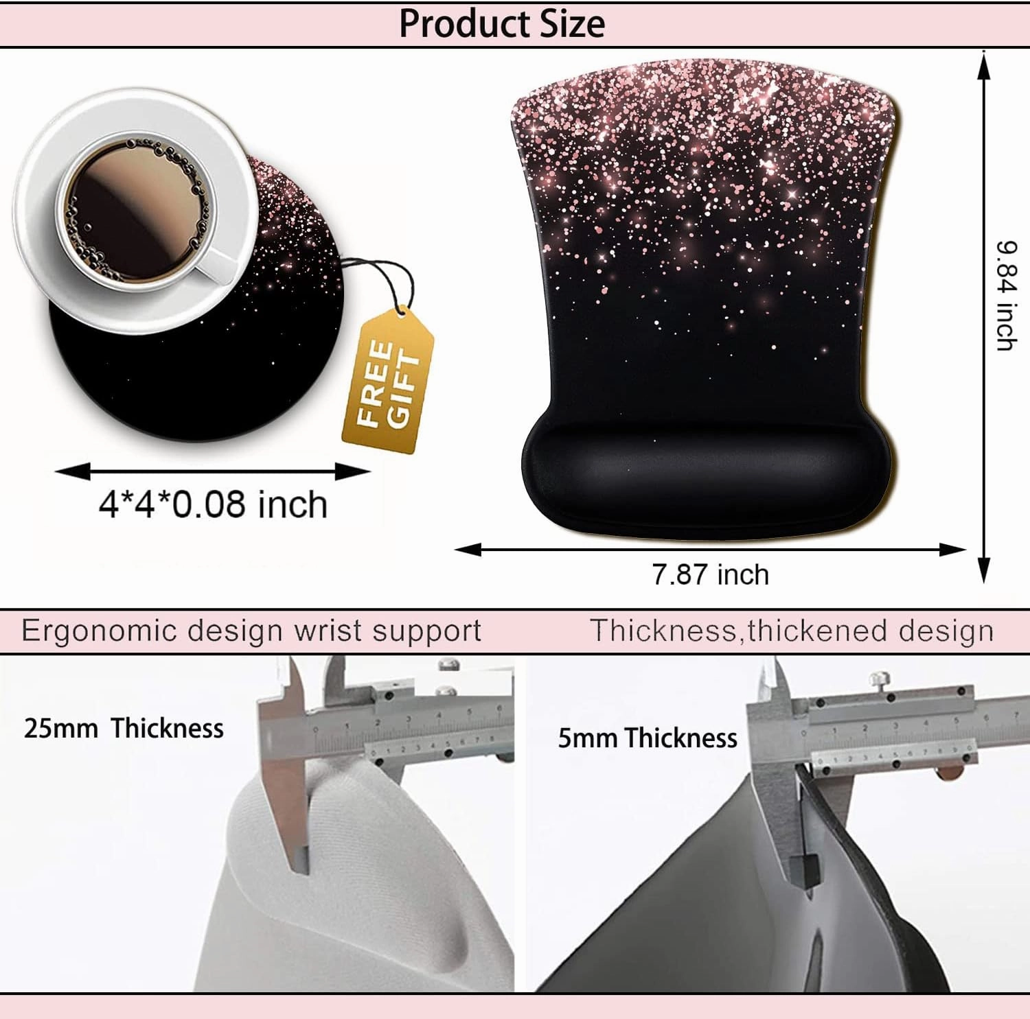 Mouse Pad with Wrist Support, Ergonomic Gel Mouse Pad, Black Stitched Edge Mouse Pad, Dirt-Resistant for Office Typing, Games, Beautiful Rose Gold Glitter Pattern for Women Desktop Decoration