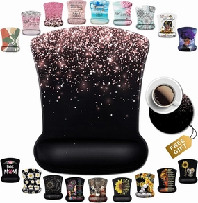 Mouse Pad with Wrist Support, Ergonomic Gel Mouse Pad, Black Stitched Edge Mouse Pad, Dirt-Resistant for Office Typing, Games, Beautiful Rose Gold Glitter Pattern for Women Desktop Decoration