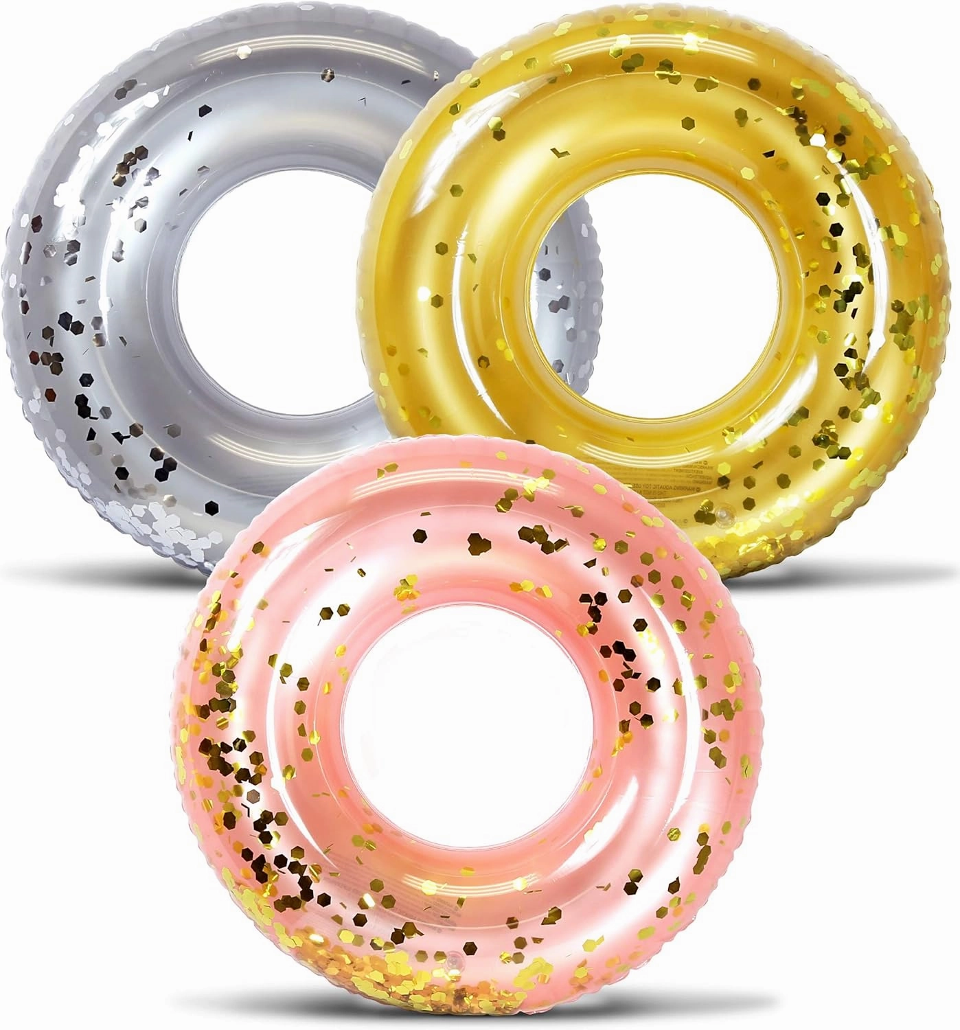 Mozlly Silver, Gold, and Rose Gold Inflatable Pool Floats Tube Set of 3 - Premium Fun Confetti Swim Rings Toys, Adult and Kids Pool Float Water Tubes for River, Beach, Pool Party Decorations - 36 inch