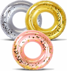 Mozlly Silver, Gold, and Rose Gold Inflatable Pool Floats Tube Set of 3 - Premium Fun Confetti Swim Rings Toys, Adult and Kids Pool Float Water Tubes for River, Beach, Pool Party Decorations - 36 inch