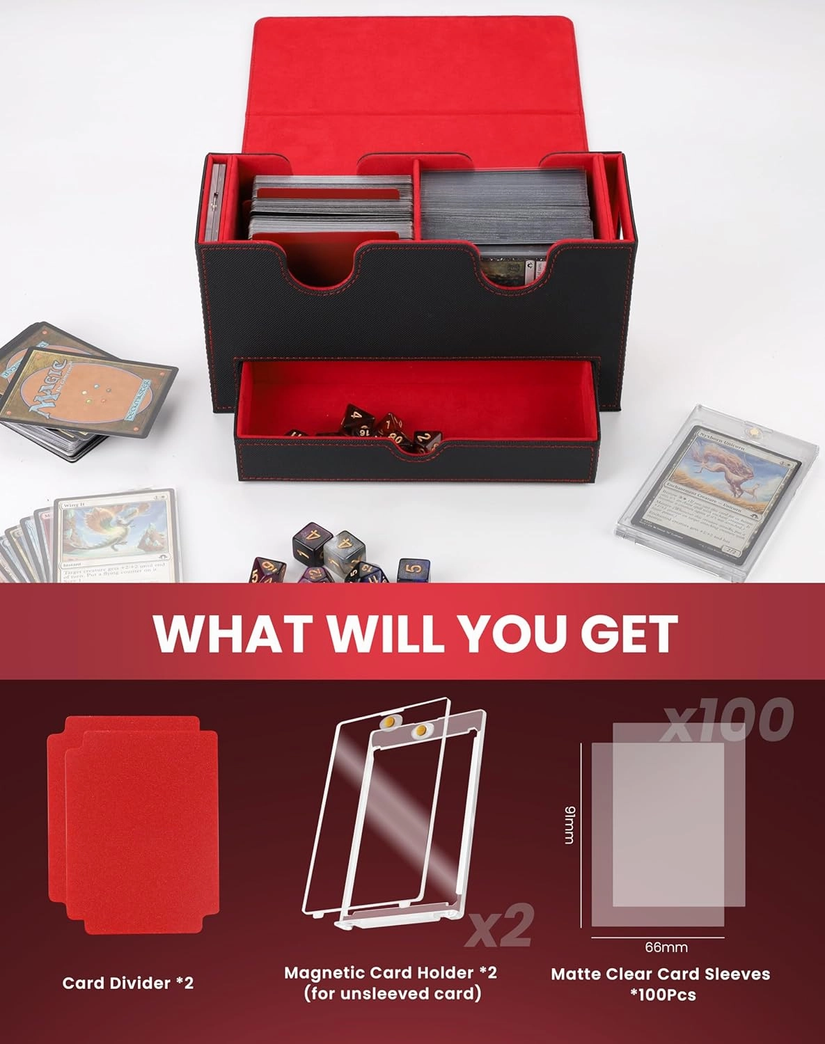 MTG Deck Box with Double Commander Display and Dice Tray, Fits 200  Double Sleeved Cards, Card Storage Box Plus 2 Magnetic Holders& 100Pcs Card Sleeves (Black& Red)