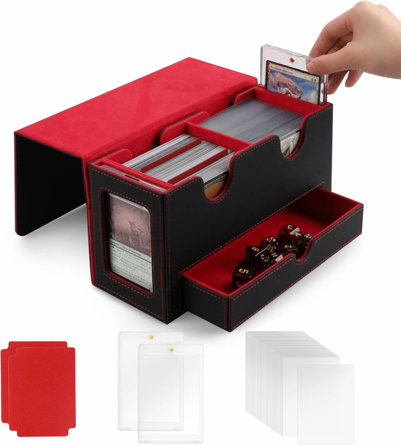 MTG Deck Box with Double Commander Display and Dice Tray, Fits 200  Double Sleeved Cards, Card Storage Box Plus 2 Magnetic Holders& 100Pcs Card Sleeves (Black& Red)