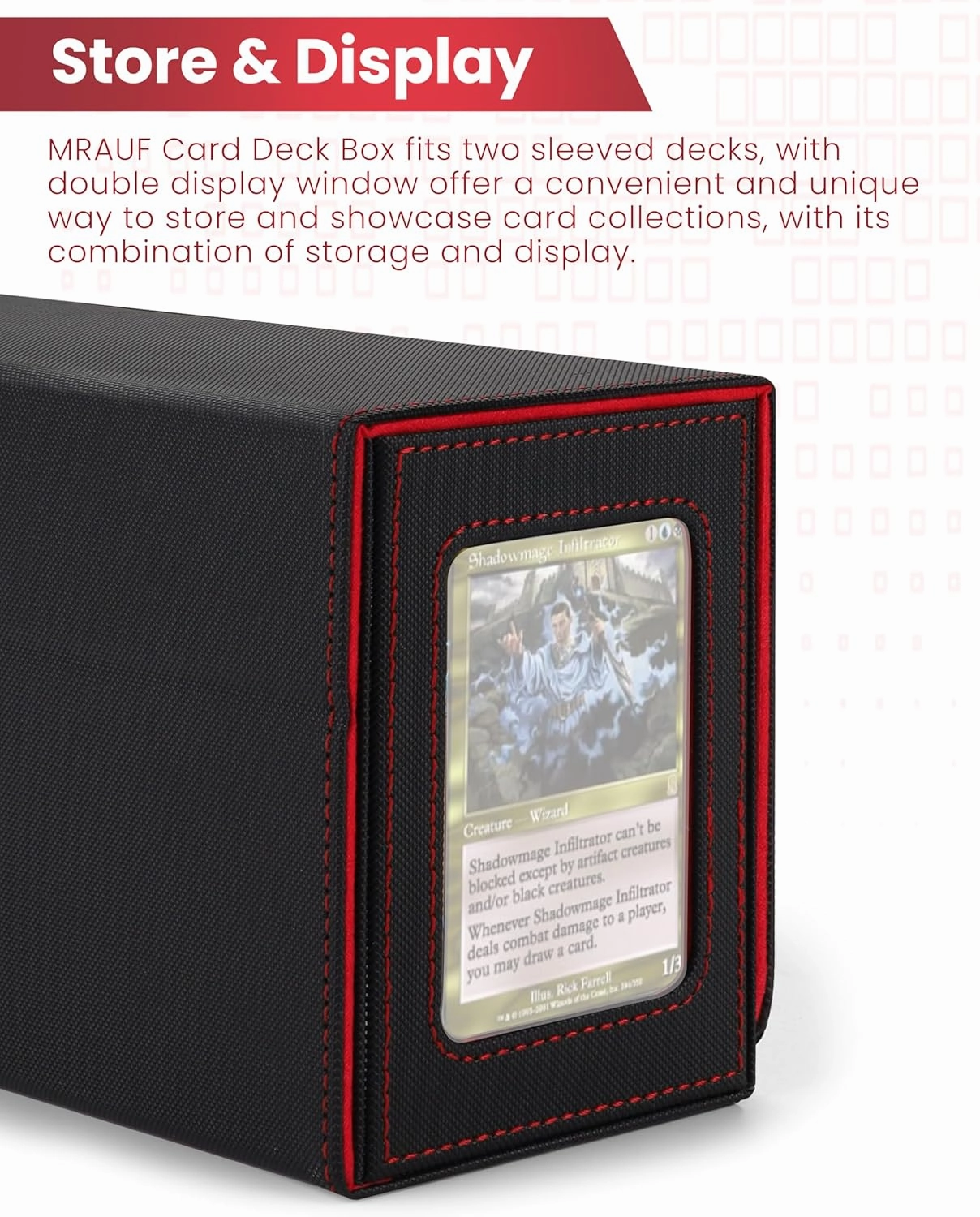 MTG Deck Box with Double Commander Display and Dice Tray, Fits 200  Double Sleeved Cards, Card Storage Box Plus 2 Magnetic Holders& 100Pcs Card Sleeves (Black& Red)