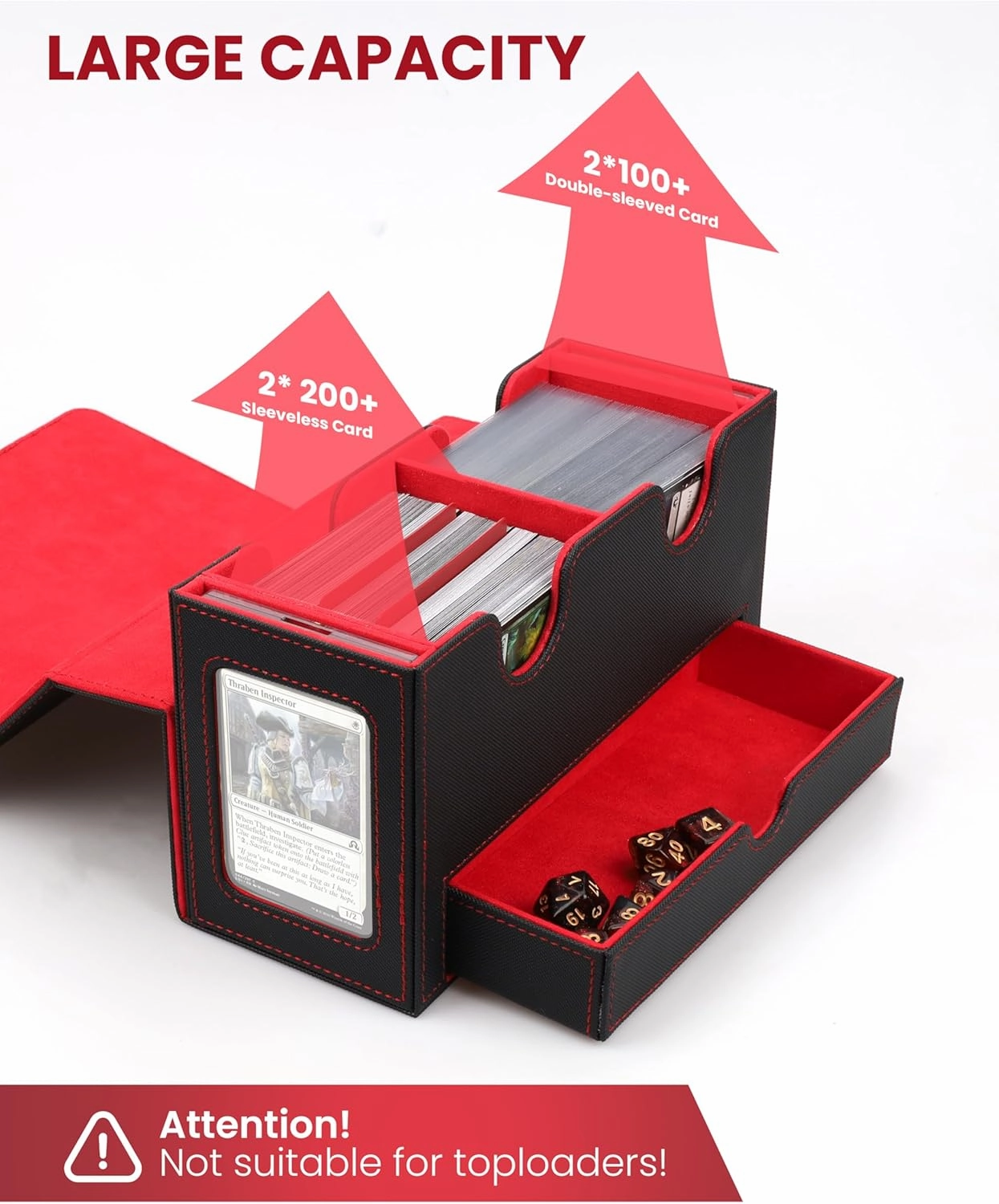 MTG Deck Box with Double Commander Display and Dice Tray, Fits 200  Double Sleeved Cards, Card Storage Box Plus 2 Magnetic Holders& 100Pcs Card Sleeves (Black& Red)