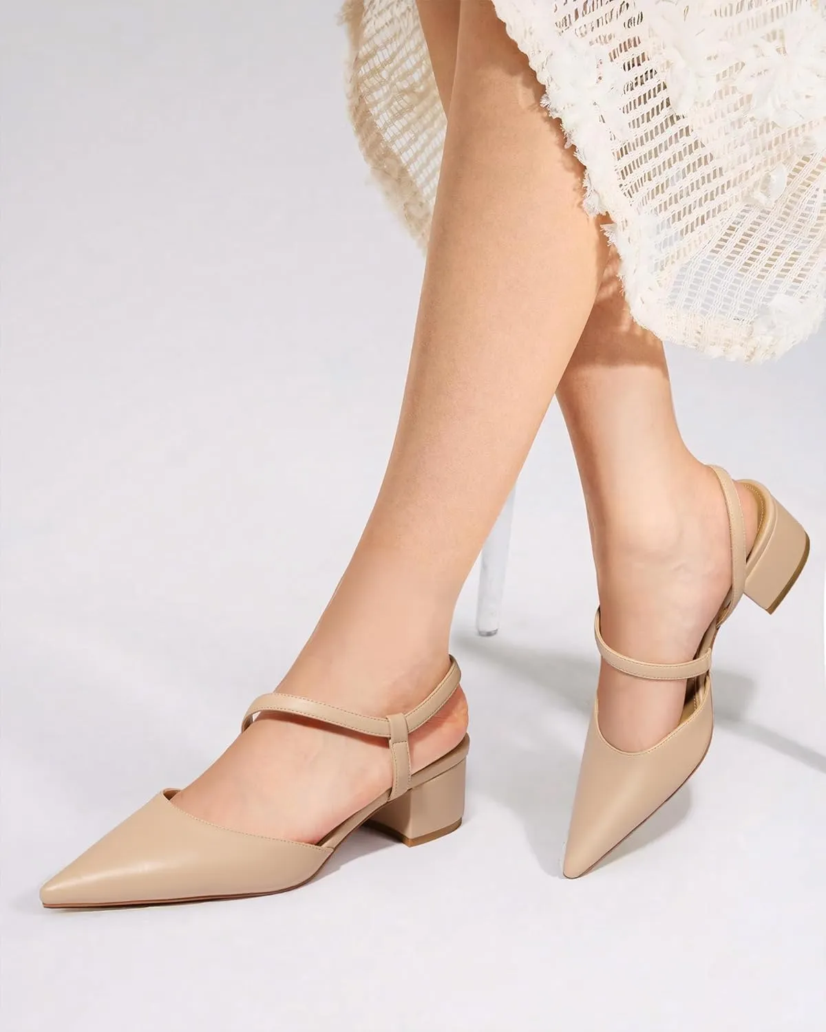 MUCCCUTE Heels for Women Closed Toe Pumps - Black White Nude Elegant Slingback Pointed Toe Chunky Heels Block Low Heel Dress Dressy Shoes for Party Wedding Business Office