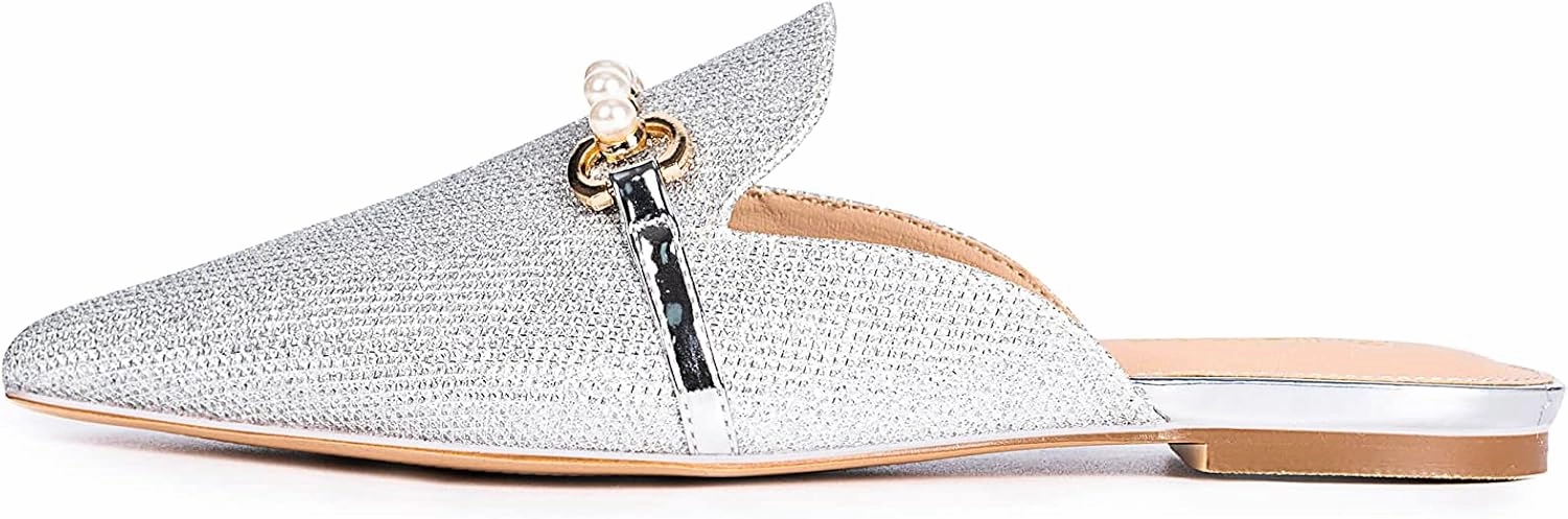Mules for Women Flats Comfortable Loafers Pointed Toe Slip On Pearl Shoes for Women