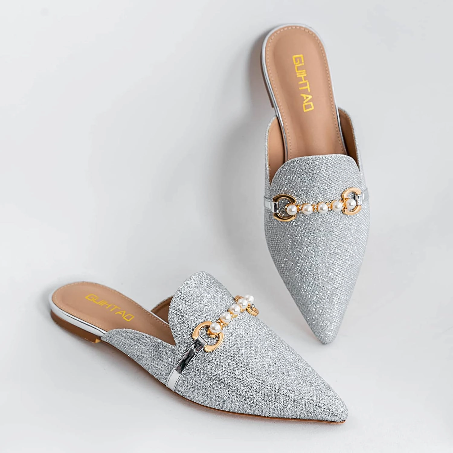 Mules for Women Flats Comfortable Loafers Pointed Toe Slip On Pearl Shoes for Women