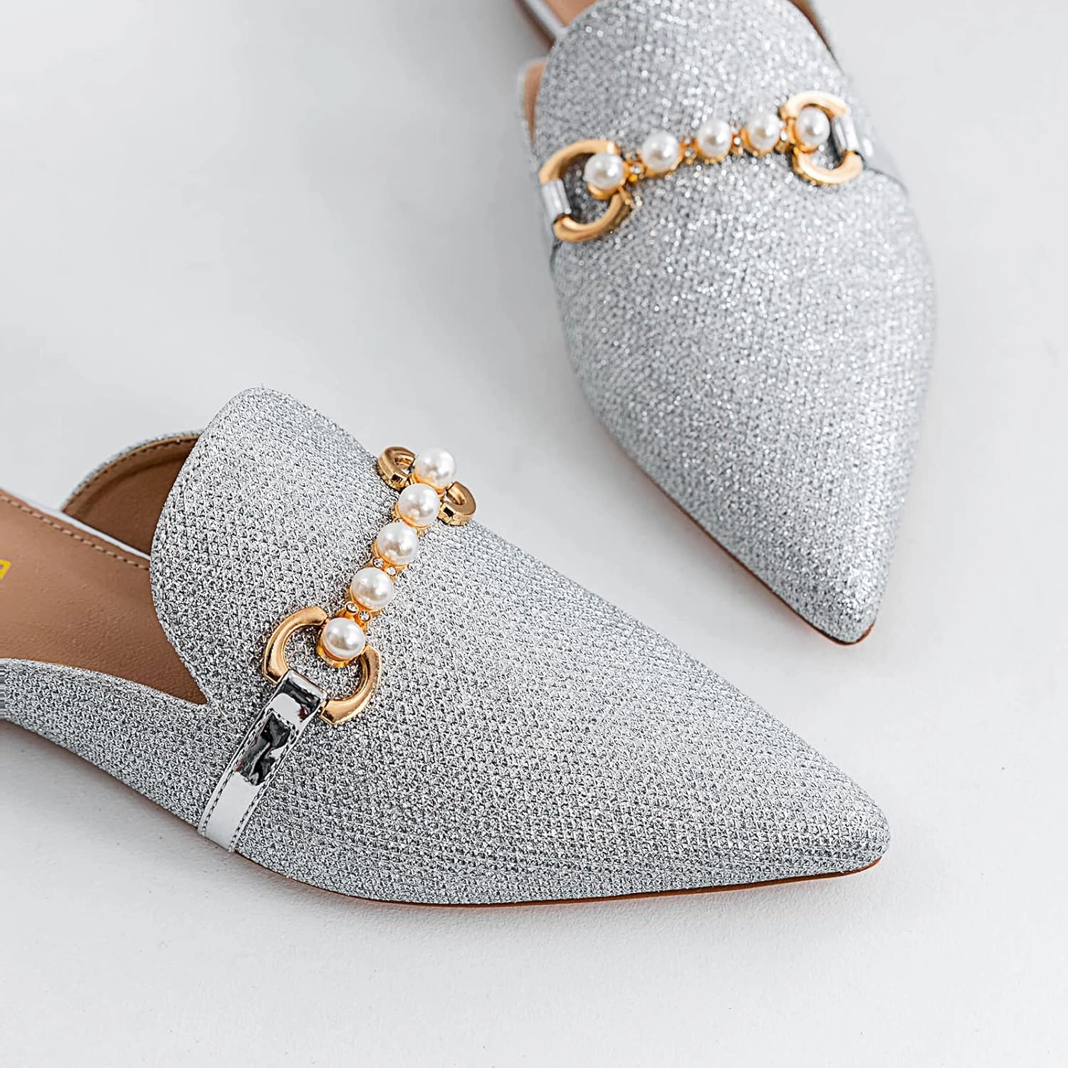 Mules for Women Flats Comfortable Loafers Pointed Toe Slip On Pearl Shoes for Women