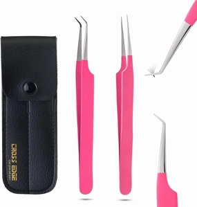My Lash Tools - Fiber Tip Lash Tweezers for Eyelash Extensions Tweezers SET OF 2 Straight Isolation & Microgrip Tip Curved Volume Tweezers Eyelash Supplies Stainless Steel (Matte Pink)