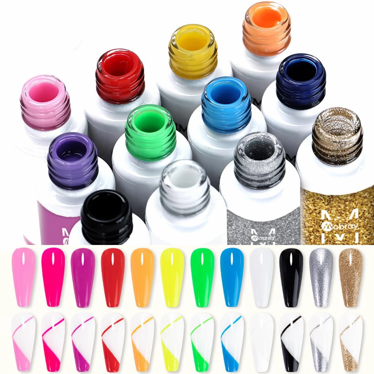 Nail Art Liner Gel Polish Set, 12 Colors Kit With Neon Pink Green Painting and Thin Brush, Soak off Black White Drawing for French Tips, Wave Swirls Nail Design