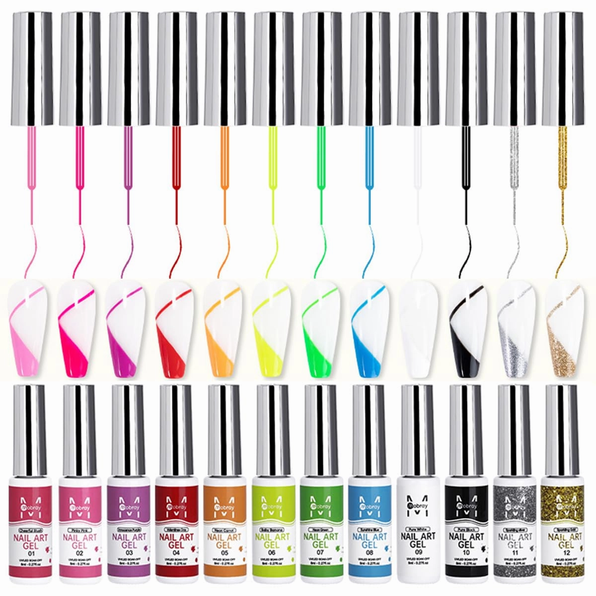 Nail Art Liner Gel Polish Set, 12 Colors Kit With Neon Pink Green Painting and Thin Brush, Soak off Black White Drawing for French Tips, Wave Swirls Nail Design