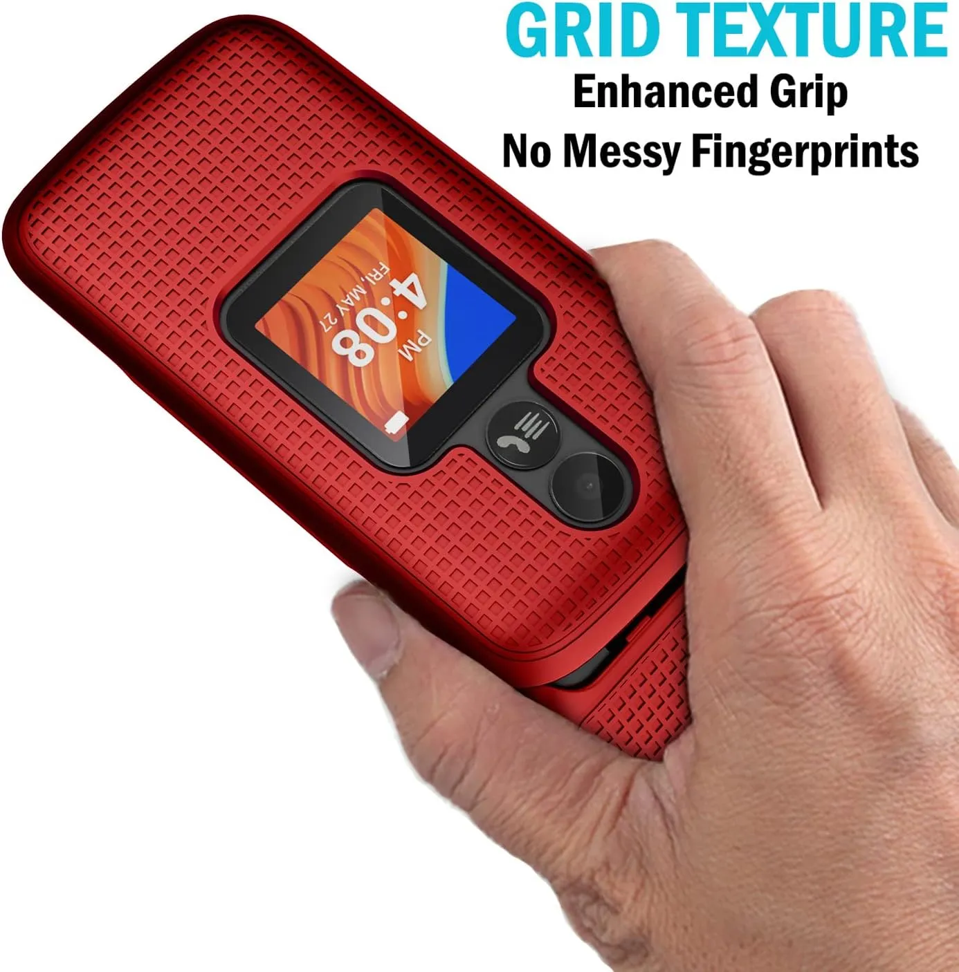 Nakedcellphone Case for Alcatel TCL Flip 2 Phone (2022), [Grid Texture] Slim Hard Shell Protector Cover for T408DL / TFALT408DCP - Red