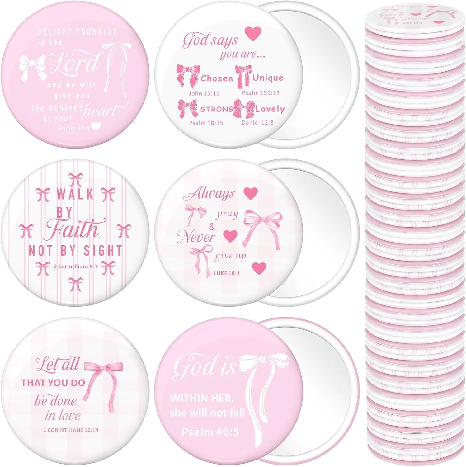 Namalu 48 Pcs Pink Bow Coquette Mini Pocket Mirrors Inspirational Christian Gifts Bulk for Women Portable Round Makeup Mirror for Purse Church Religious Party Favors