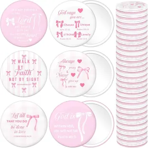 Namalu 48 Pcs Pink Bow Coquette Mini Pocket Mirrors Inspirational Christian Gifts Bulk for Women Portable Round Makeup Mirror for Purse Church Religious Party Favors