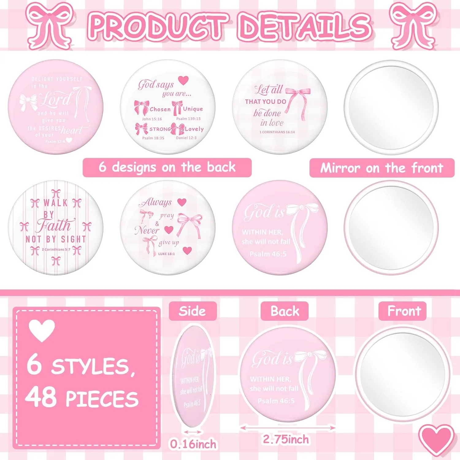 Namalu 48 Pcs Pink Bow Coquette Mini Pocket Mirrors Inspirational Christian Gifts Bulk for Women Portable Round Makeup Mirror for Purse Church Religious Party Favors