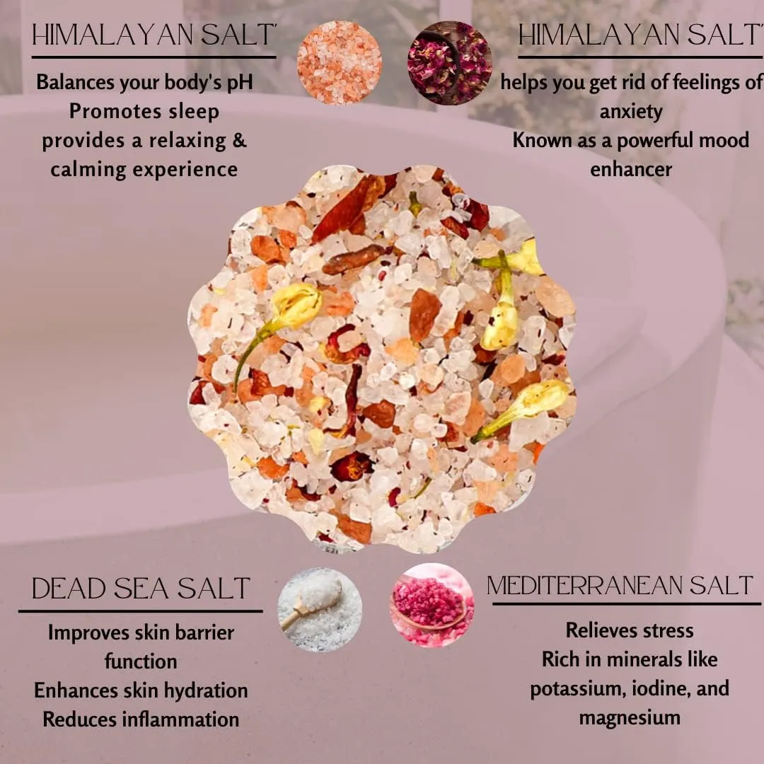 Natural Floral Soaking Bath Salt - Detox Body & Foot Soak - Bath Salt with Rose & Jasmine Petals - Pink Himalayan & Dead Sea Salt Flakes - Relaxing Bath Soak (Jasmin Rose)
