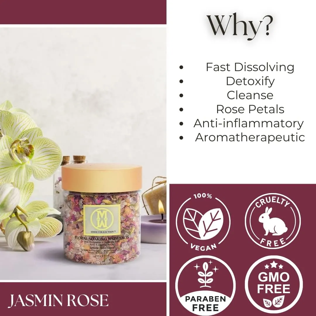 Natural Floral Soaking Bath Salt - Detox Body & Foot Soak - Bath Salt with Rose & Jasmine Petals - Pink Himalayan & Dead Sea Salt Flakes - Relaxing Bath Soak (Jasmin Rose)