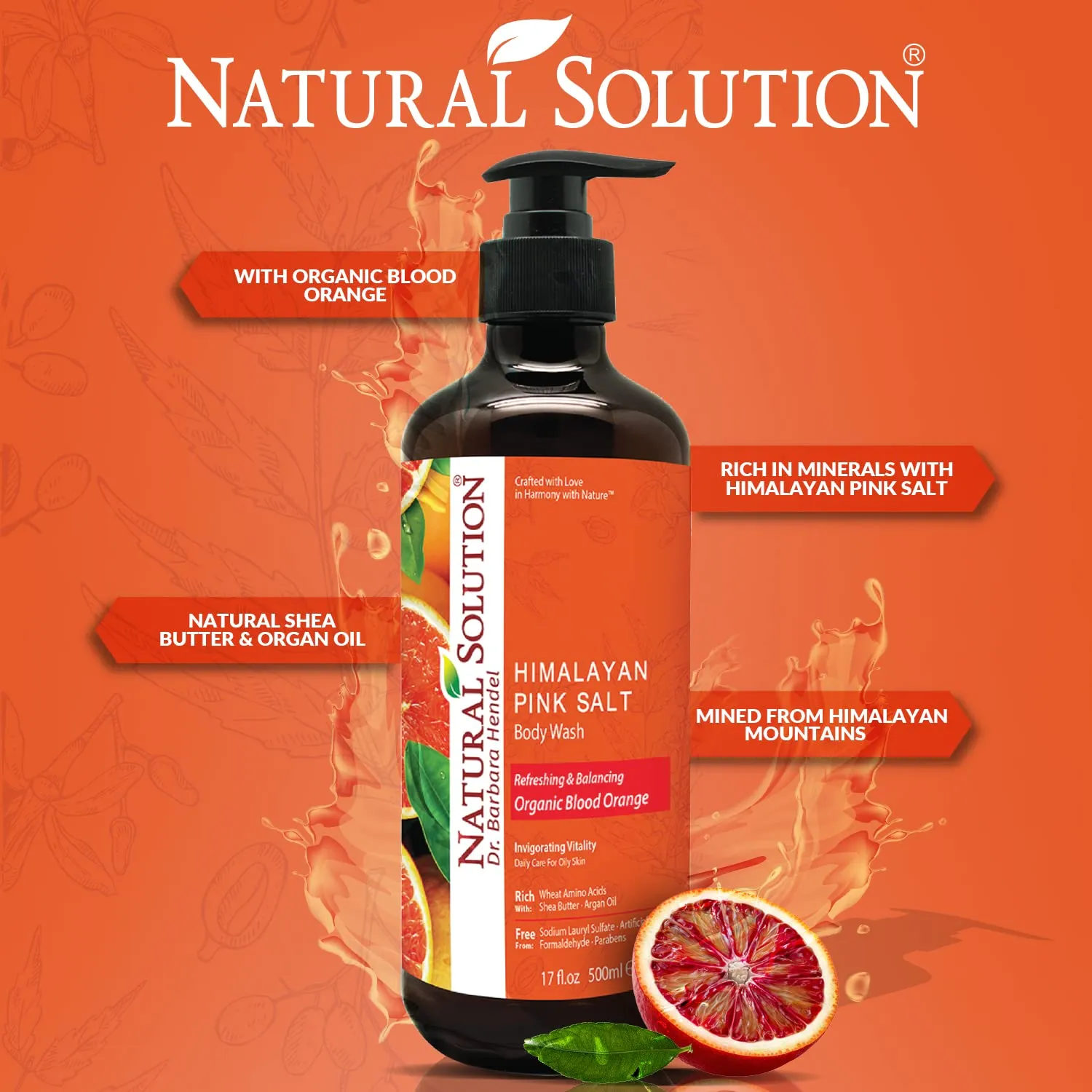 Natural Solution Body Wash, Formulated with Organic Blood Orange Extracts with Himalayan Pink Salt, Revitalizes & Refreshing Your Skin, 17 fl oz/Each – Pack of 3