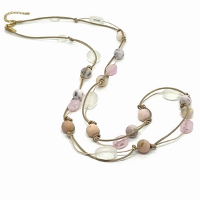 Natural Pink Opal Matte Crystal Natural Waxed Linen And Putty Leather Long Necklace