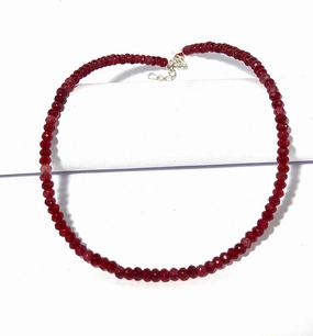 Natural Ruby Beaded Necklace, Faceted Red Gemstone, Sterling Silver Clasp