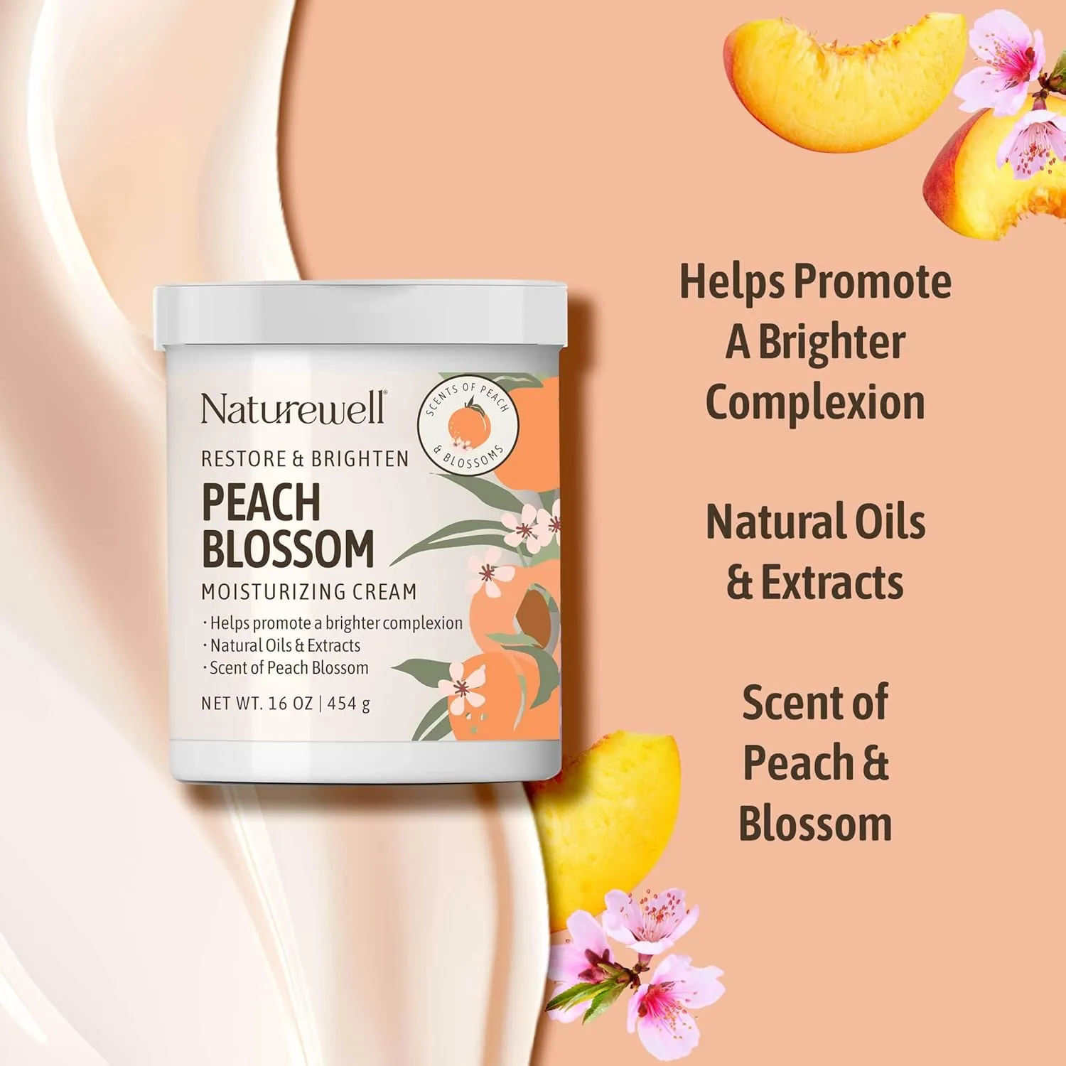 NATURE WELL Peach Blossom Restore & Brighten Moisturizing Cream For Face & Body, Infused With Peach Extract, Niacinamide, & Hyaluronic Acid, Promotes A Brighter Complexion, 16 Oz.