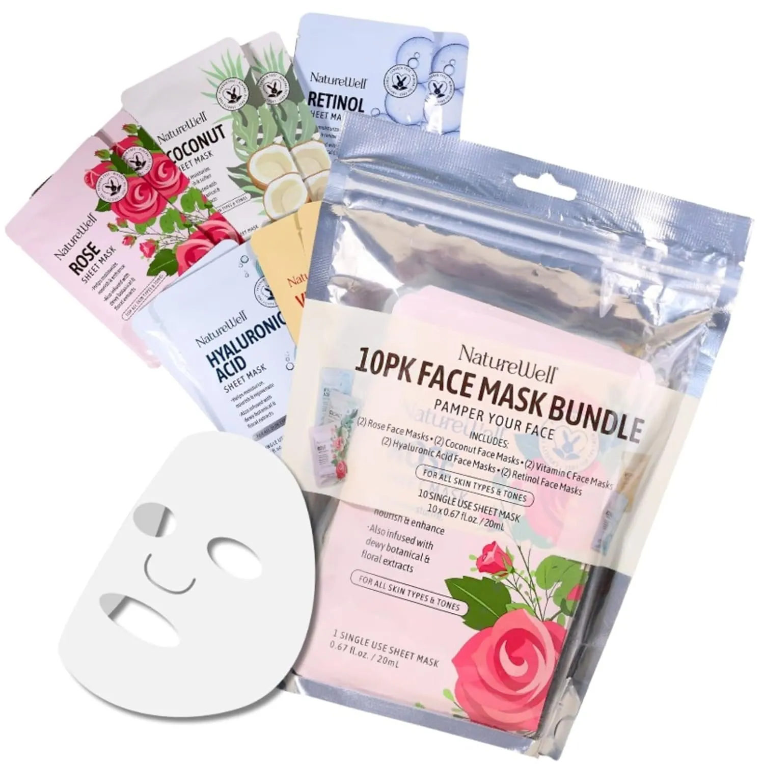 NATURE WELL Single Use Face Mask Sheet Skincare Treatment Multipack For All Skin Types, Includes Hyaluronic Acid, Rose, Retinol, Coconut, & Vitamin C (Pack of 10)