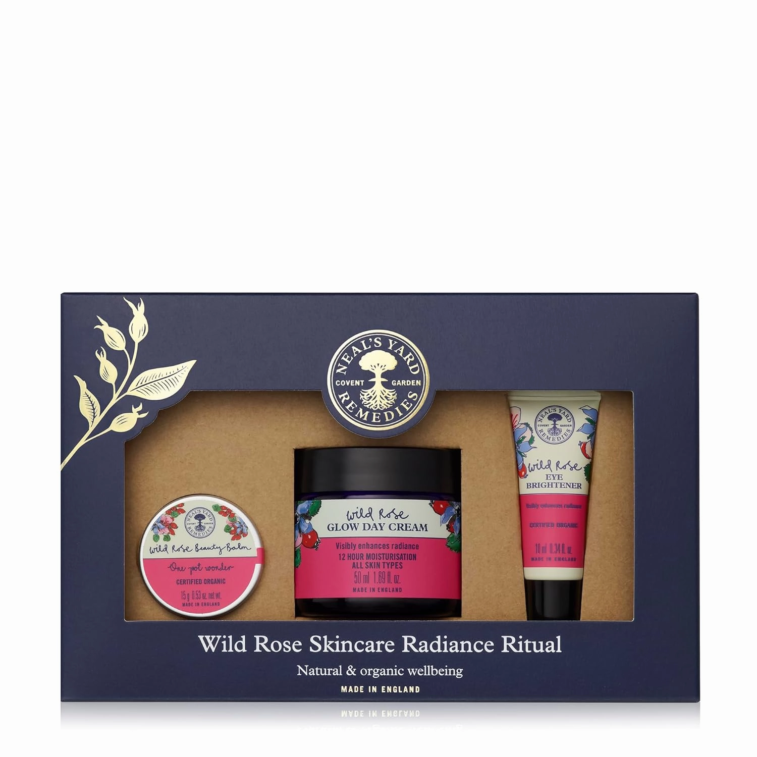 Neal's Yard Remedies Wild Rose Glow Skincare Collection, Skincare Set, Glow Cream, Eye Brightener & Beauty Balm, Vegan & Cruelty-Free