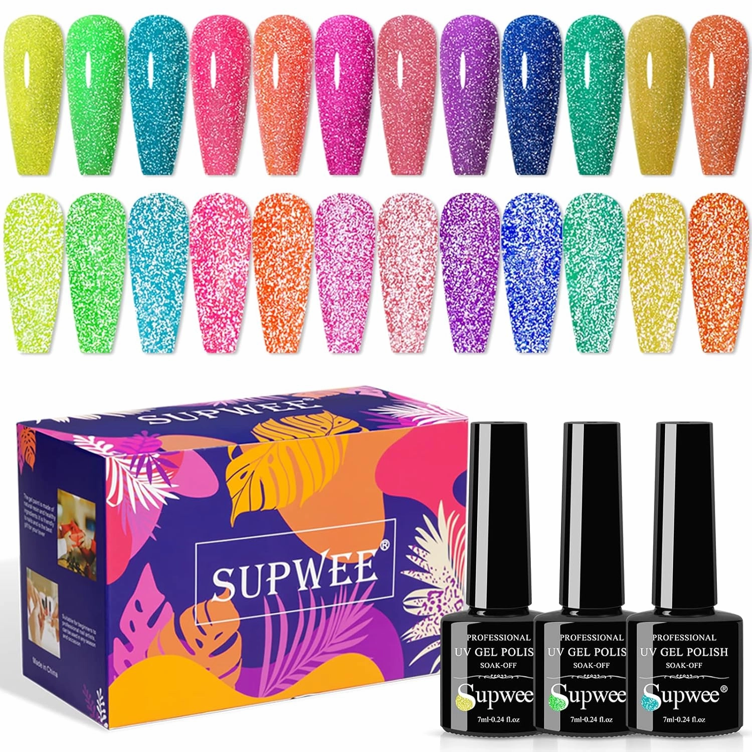 Neon Reflective Glitter Gel Nail Polish - Sparkle Fluorescent & Disco Nail Polish Set in Neon Yellow, Green, Hot Pink, Orange - Soak Off UV Gel