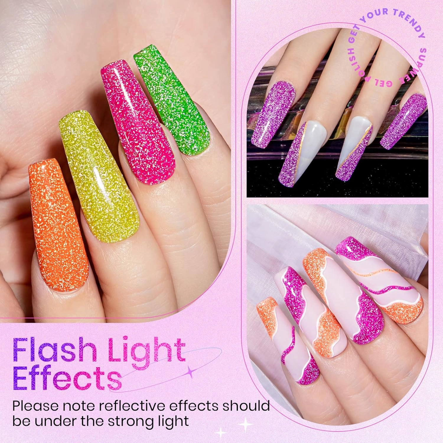 Neon Reflective Glitter Gel Nail Polish - Sparkle Fluorescent & Disco Nail Polish Set in Neon Yellow, Green, Hot Pink, Orange - Soak Off UV Gel