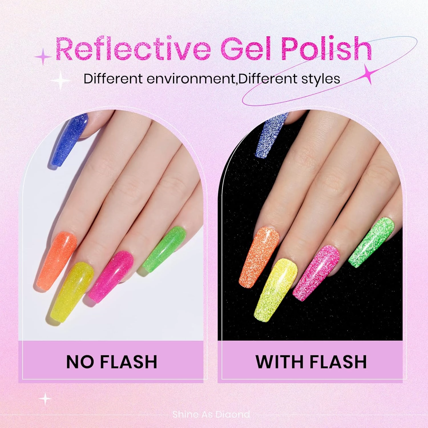 Neon Reflective Glitter Gel Nail Polish - Sparkle Fluorescent & Disco Nail Polish Set in Neon Yellow, Green, Hot Pink, Orange - Soak Off UV Gel
