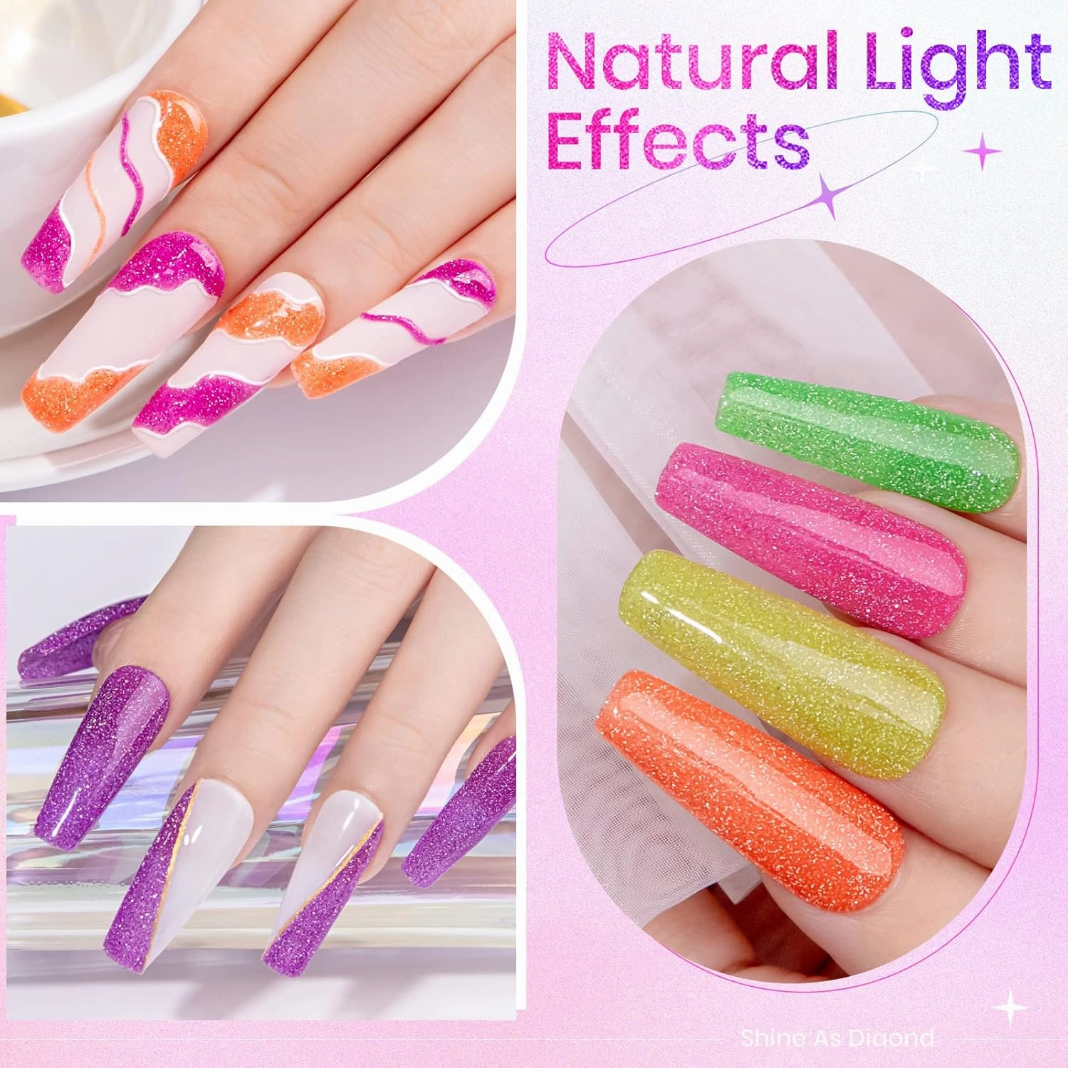 Neon Reflective Glitter Gel Nail Polish - Sparkle Fluorescent & Disco Nail Polish Set in Neon Yellow, Green, Hot Pink, Orange - Soak Off UV Gel