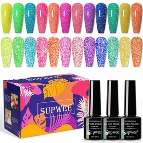 Neon Reflective Glitter Gel Nail Polish - Sparkle Fluorescent & Disco Nail Polish Set in Neon Yellow, Green, Hot Pink, Orange - Soak Off UV Gel