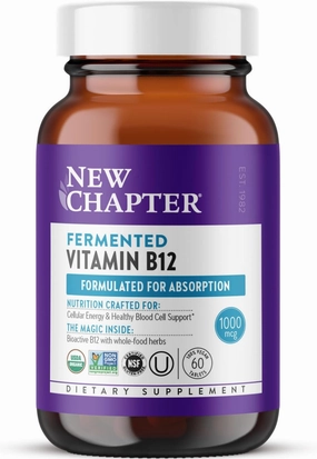New Chapter Fermented Vitamin B12 1,000 mcg, USDA Organic, ONE Daily for Cellular Energy   Healthy Blood Cells, Certified Vegan, Gluten Free - 60 Count