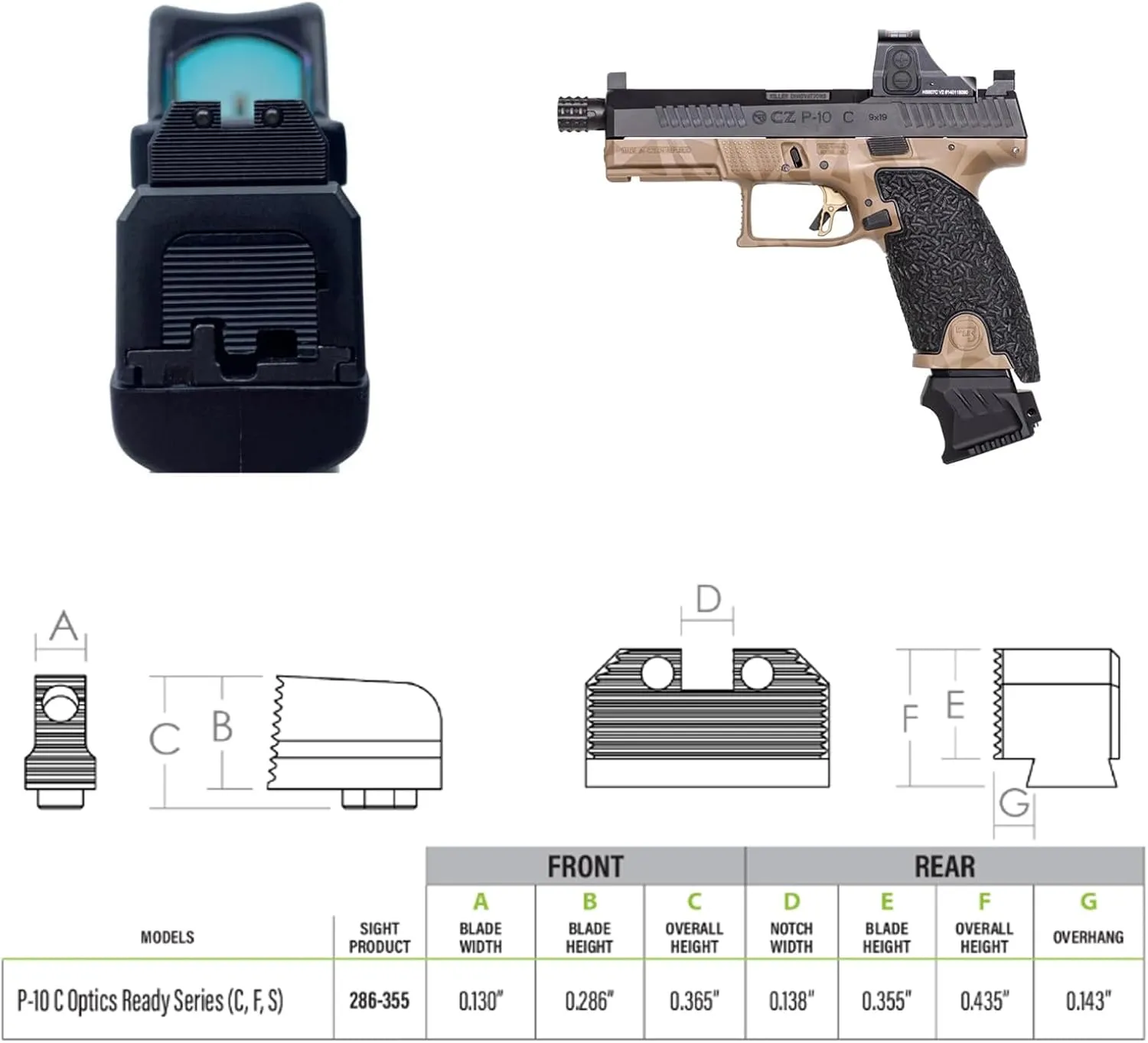 Night Fision Optics Ready Stealth .286-.355 Night Sight Set Compatible with CZ P-10 C/F/S Designed for Lower 1/3rd