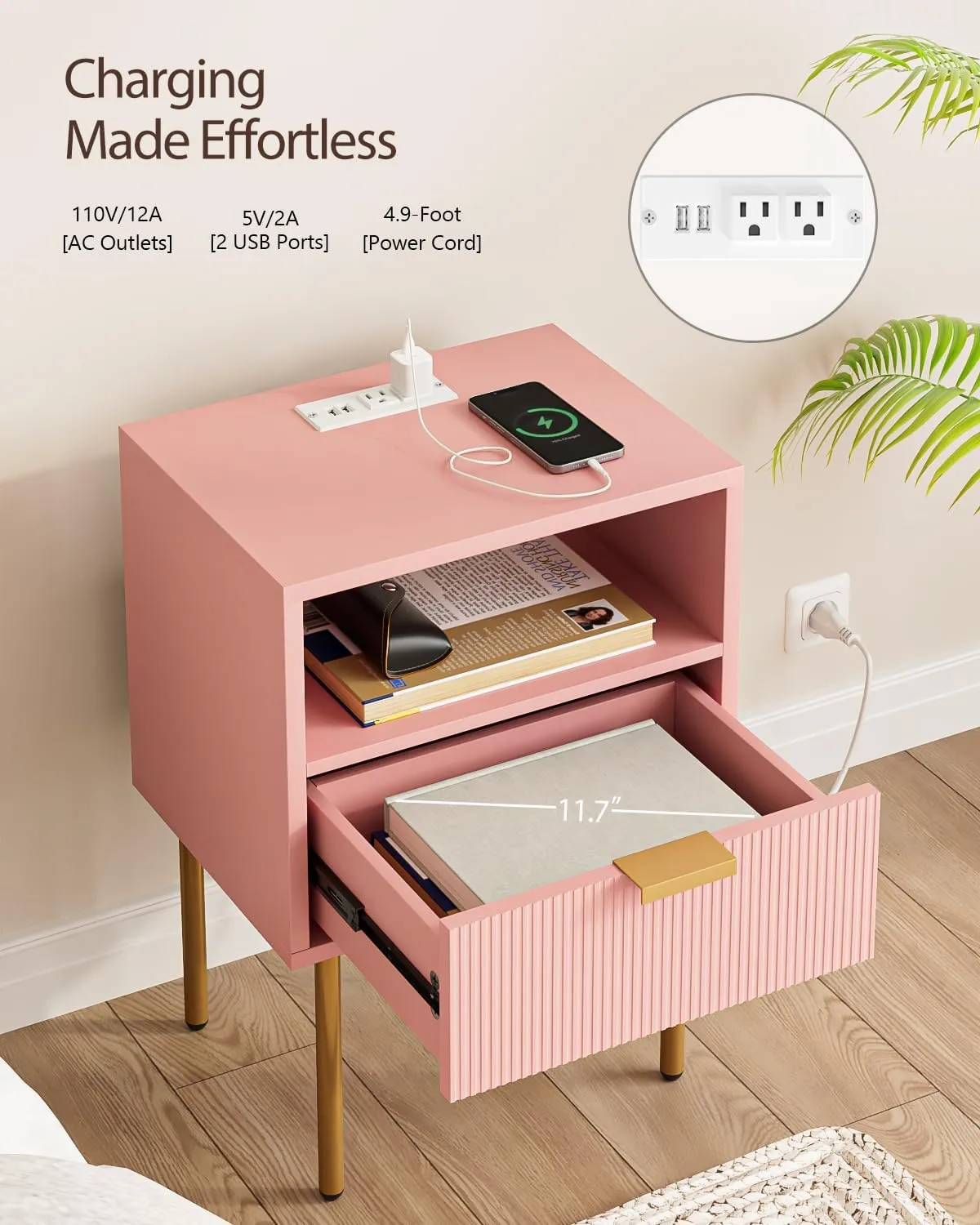 Nightstand,Small Bedside Table with Gold Frame,Morden Night Stand,End Table,Bedside Furniture,Side Table with Drawer and Shelf for Bedroom,Living Room (Modern-1drawer, Pink-Outlet)