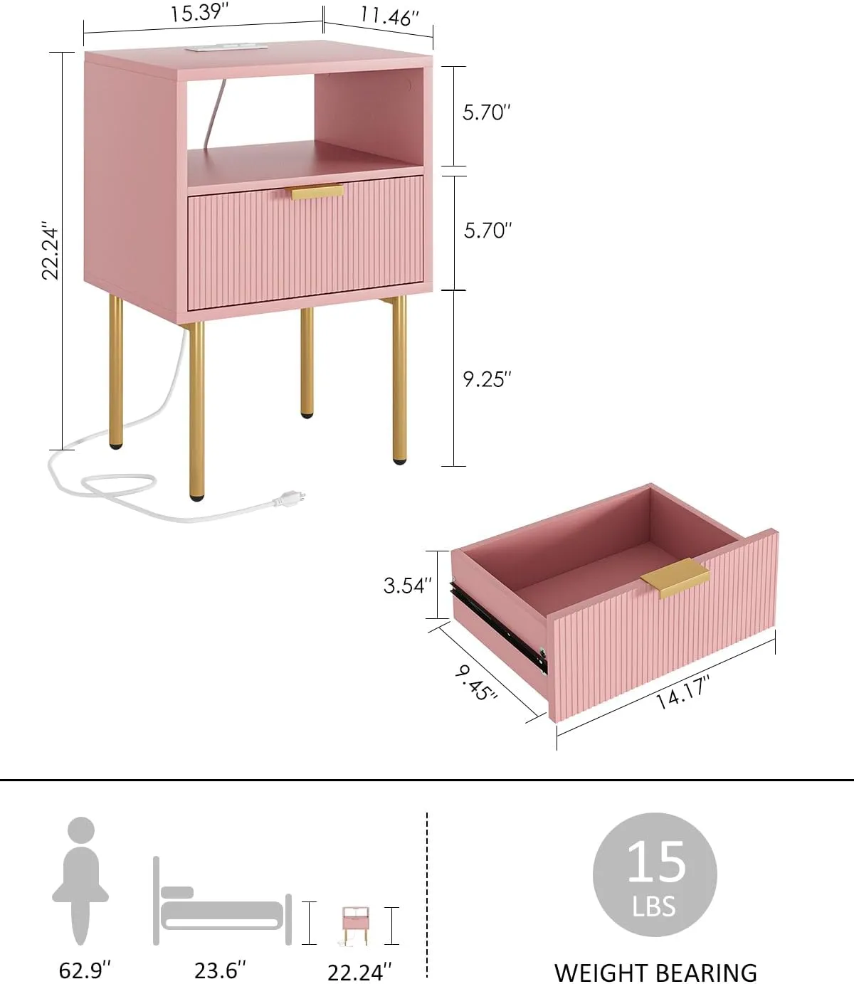 Nightstand,Small Bedside Table with Gold Frame,Morden Night Stand,End Table,Bedside Furniture,Side Table with Drawer and Shelf for Bedroom,Living Room (Modern-1drawer, Pink-Outlet)