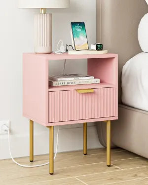 Nightstand,Small Bedside Table with Gold Frame,Morden Night Stand,End Table,Bedside Furniture,Side Table with Drawer and Shelf for Bedroom,Living Room (Modern-1drawer, Pink-Outlet)