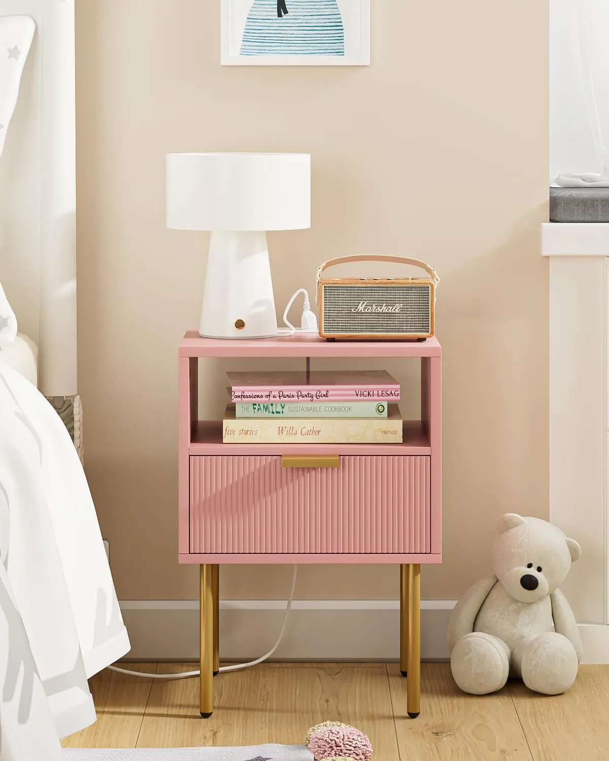 Nightstand,Small Bedside Table with Gold Frame,Morden Night Stand,End Table,Bedside Furniture,Side Table with Drawer and Shelf for Bedroom,Living Room (Modern-1drawer, Pink-Outlet)