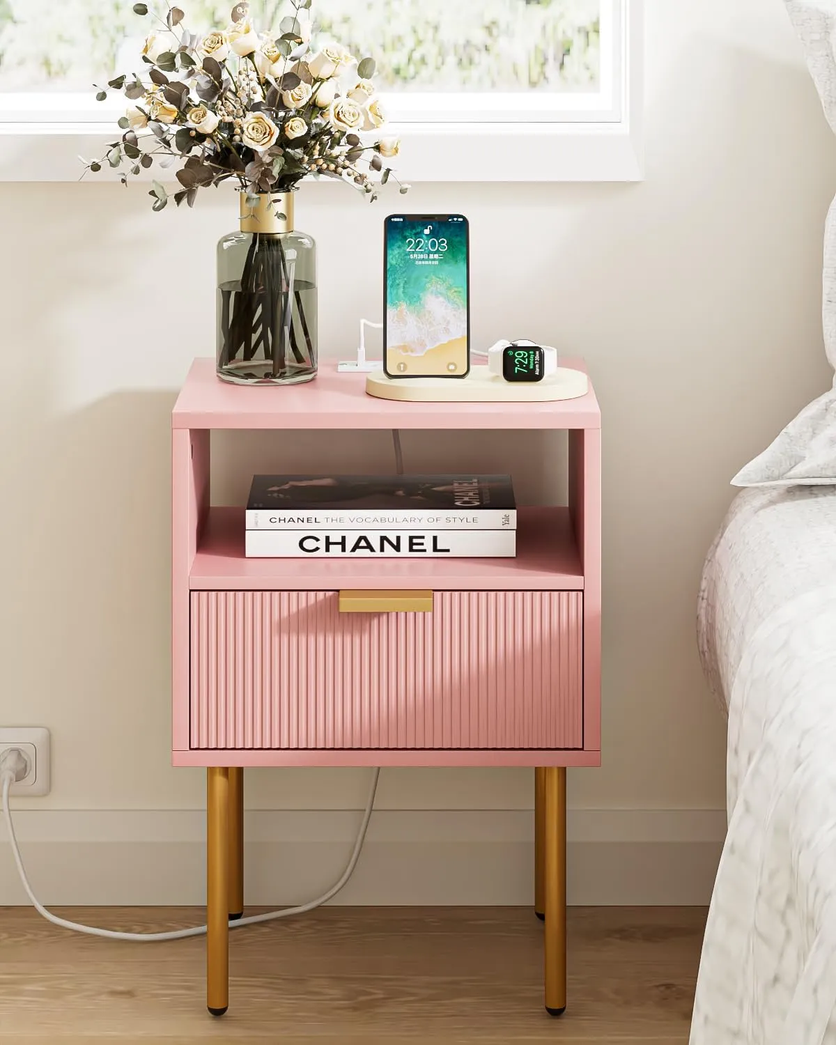 Nightstand,Small Bedside Table with Gold Frame,Morden Night Stand,End Table,Bedside Furniture,Side Table with Drawer and Shelf for Bedroom,Living Room (Modern-1drawer, Pink-Outlet)