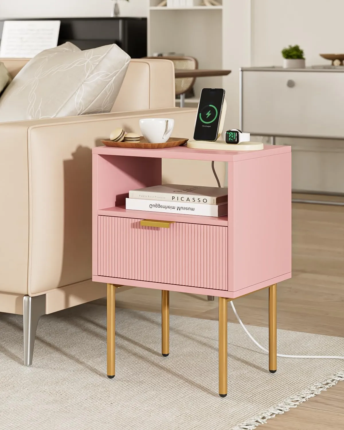Nightstand,Small Bedside Table with Gold Frame,Morden Night Stand,End Table,Bedside Furniture,Side Table with Drawer and Shelf for Bedroom,Living Room (Modern-1drawer, Pink-Outlet)