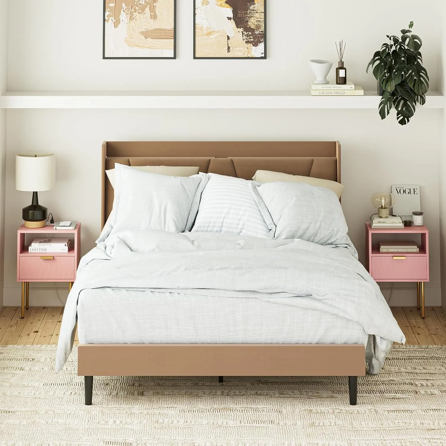Nightstand,Small Bedside Table with Gold Frame,Morden Night Stand,End Table,Bedside Furniture,Side Table with Drawer and Shelf for Bedroom,Living Room (Modern-1drawer, Pink-Outlet)