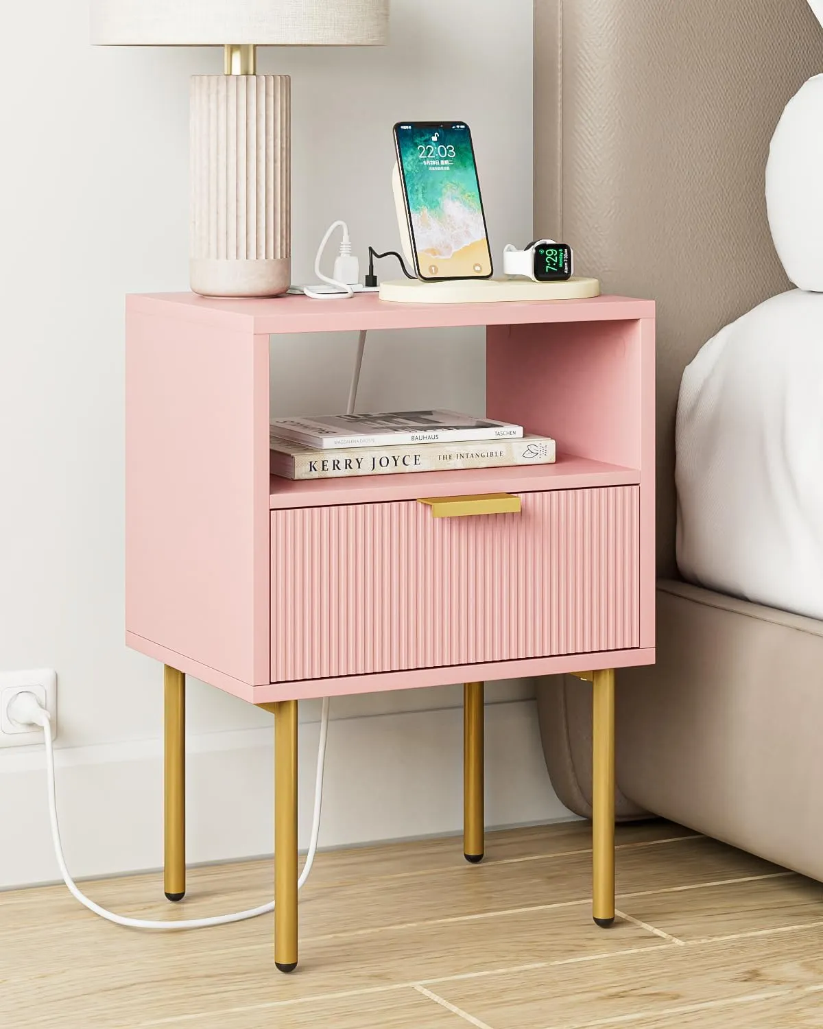 Nightstand,Small Bedside Table with Gold Frame,Morden Night Stand,End Table,Bedside Furniture,Side Table with Drawer and Shelf for Bedroom,Living Room (Modern-1drawer, Pink-Outlet)
