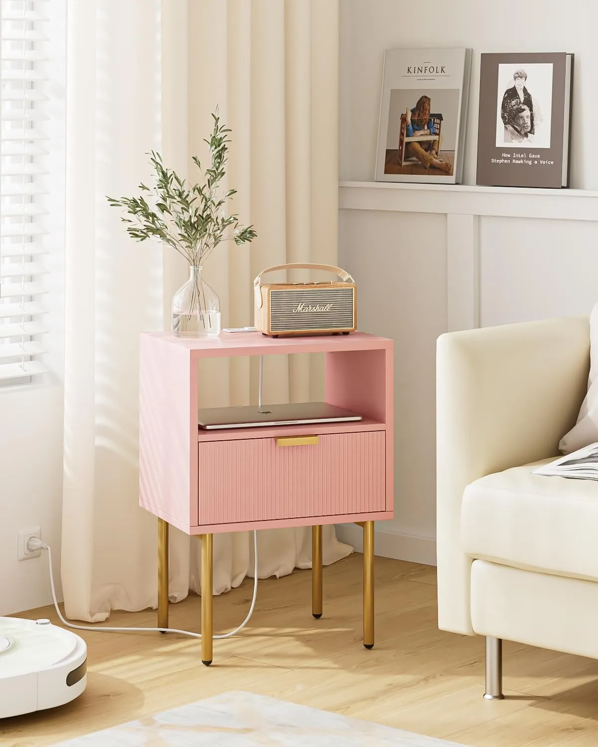Nightstand,Small Bedside Table with Gold Frame,Morden Night Stand,End Table,Bedside Furniture,Side Table with Drawer and Shelf for Bedroom,Living Room (Modern-1drawer, Pink-Outlet)