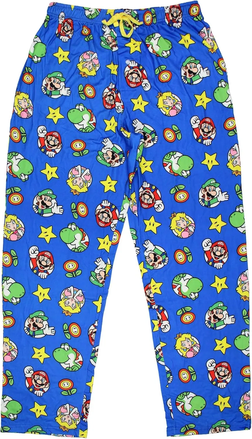 Nintendo Men's Super Mario Luigi Peach Yoshi AOP Soft Sleep Lounge Pajama Pants