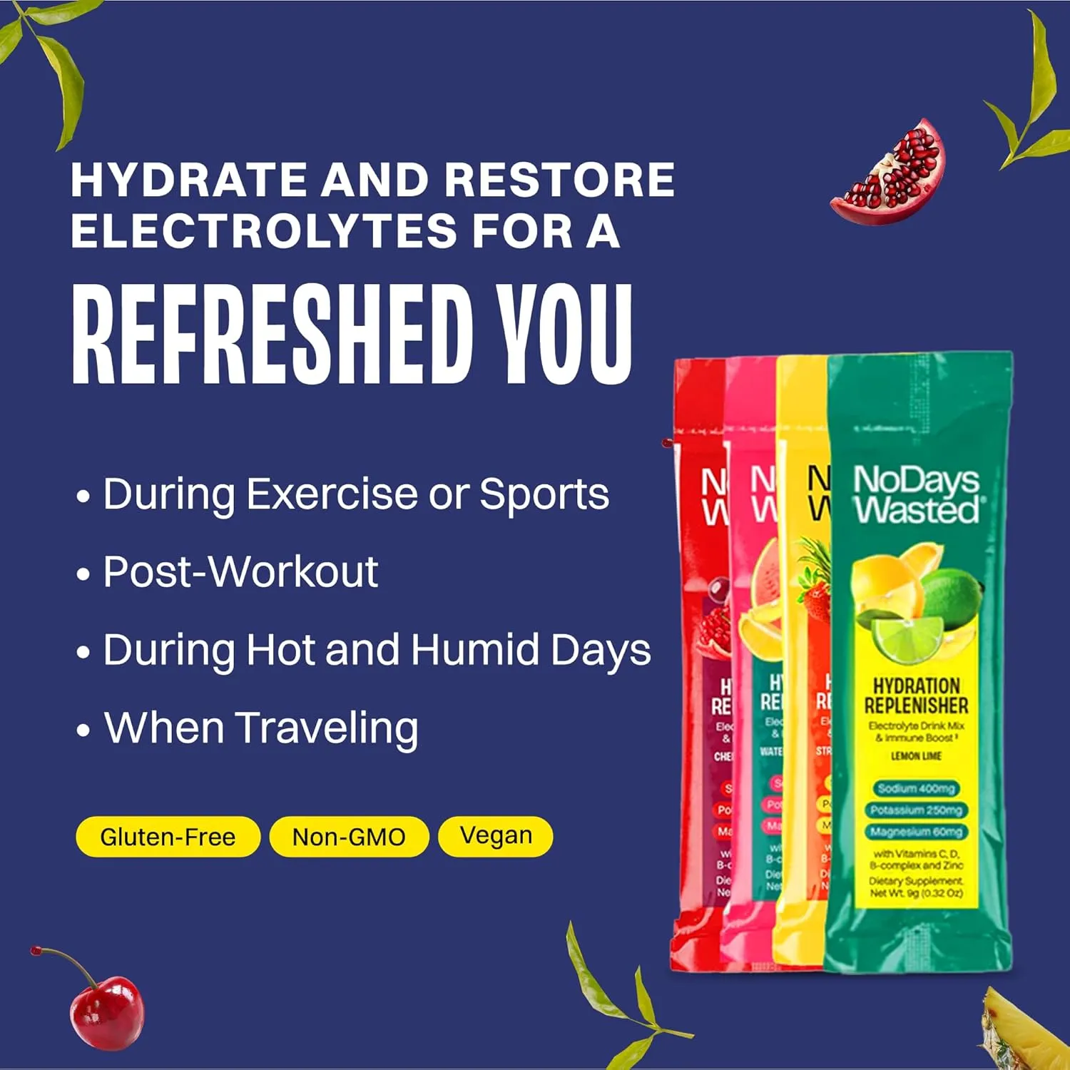 No Days Wasted Hydration Replenisher Electrolyte Replacement Stick Packets| Essential Rapid Hydration & Vitamins | Sodium, Potassium, Magnesium, Vitamins B, C, D, Zinc | 4 Flavor Variety Pack