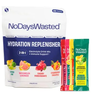 No Days Wasted Hydration Replenisher Electrolyte Replacement Stick Packets| Essential Rapid Hydration & Vitamins | Sodium, Potassium, Magnesium, Vitamins B, C, D, Zinc | 4 Flavor Variety Pack