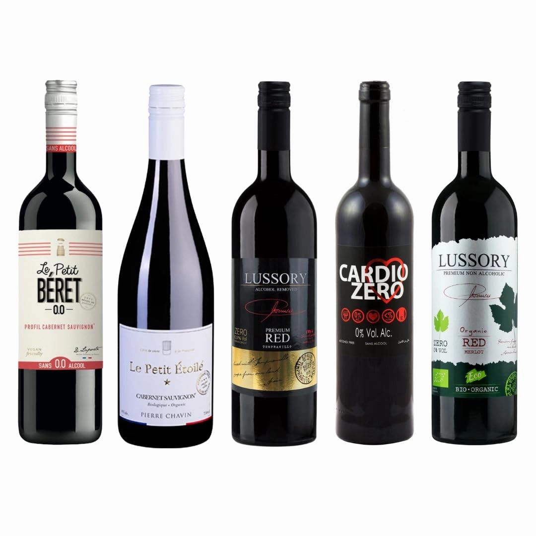 Non-Alcoholic Red Sampler - Five (5) Bottles 750ml Each - Featuring Elivo Cardio Red, Lussory Red, Le Petit Merlot, Princess Rosso Dry, and Tautila Tinto (Spain, Italy, France)