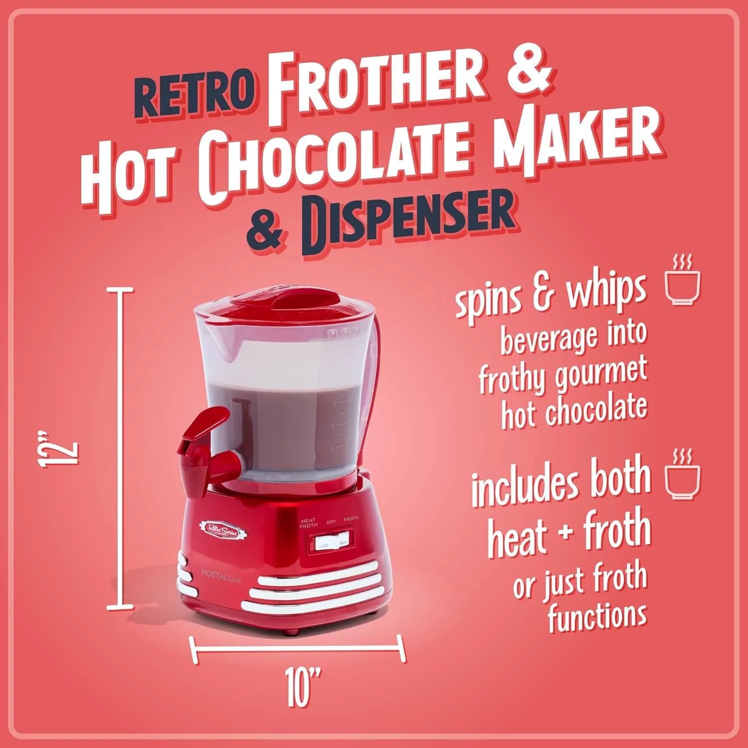 Nostalgia Retro Frother and Hot Chocolate Maker and Dispenser, 32 Oz, for Coffees, Lattes, Cappuccinos, Red