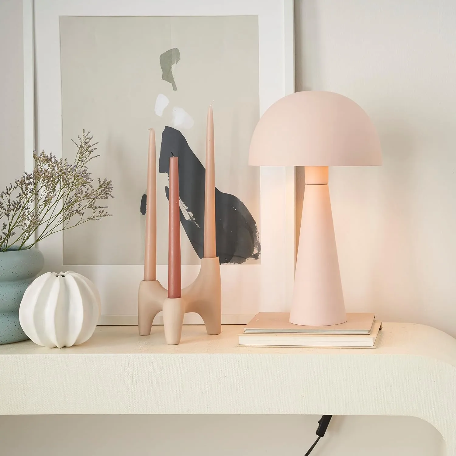 Nourison EPT01 16" Metal Mushroom Table Modern, Retro, Desk, Bedside, Living Room, Office Lamp, Small, Blush Pink